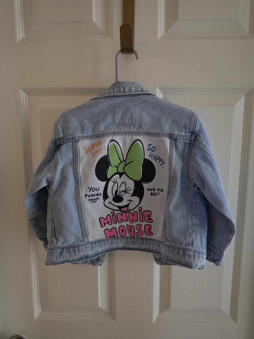 Zara Light Wash Denim Jacket with Minnie Mouse Graphic - Pink & Green Accents